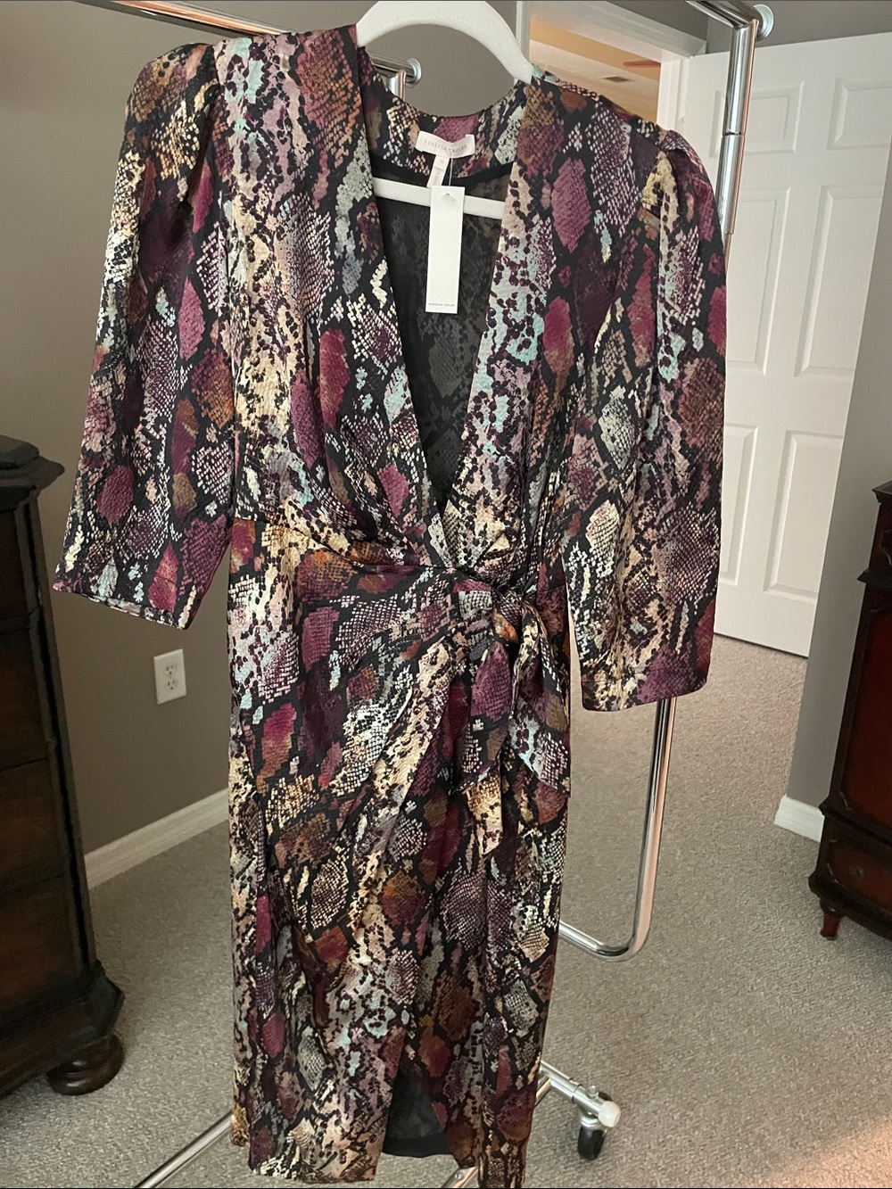 Rebecca Taylor Snake-Print V-Neck Dress in Plum, Taupe and Cream